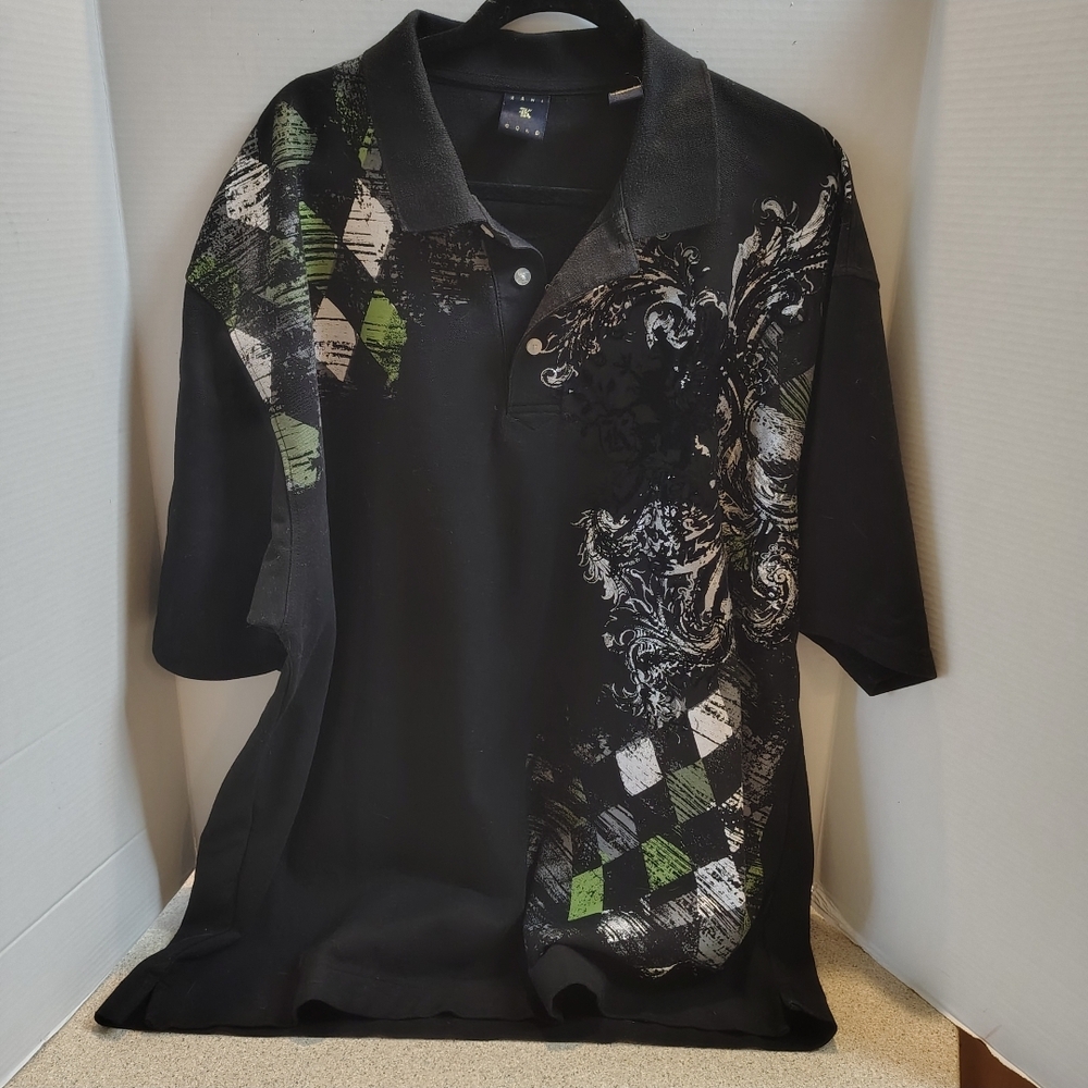 Men's 3XL  Black and Green Graphic Polo Shirt. KANI Gold Collared Golf